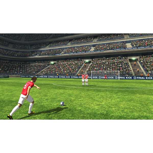 Exciting soccer match at a packed stadium with players in red jerseys competing.