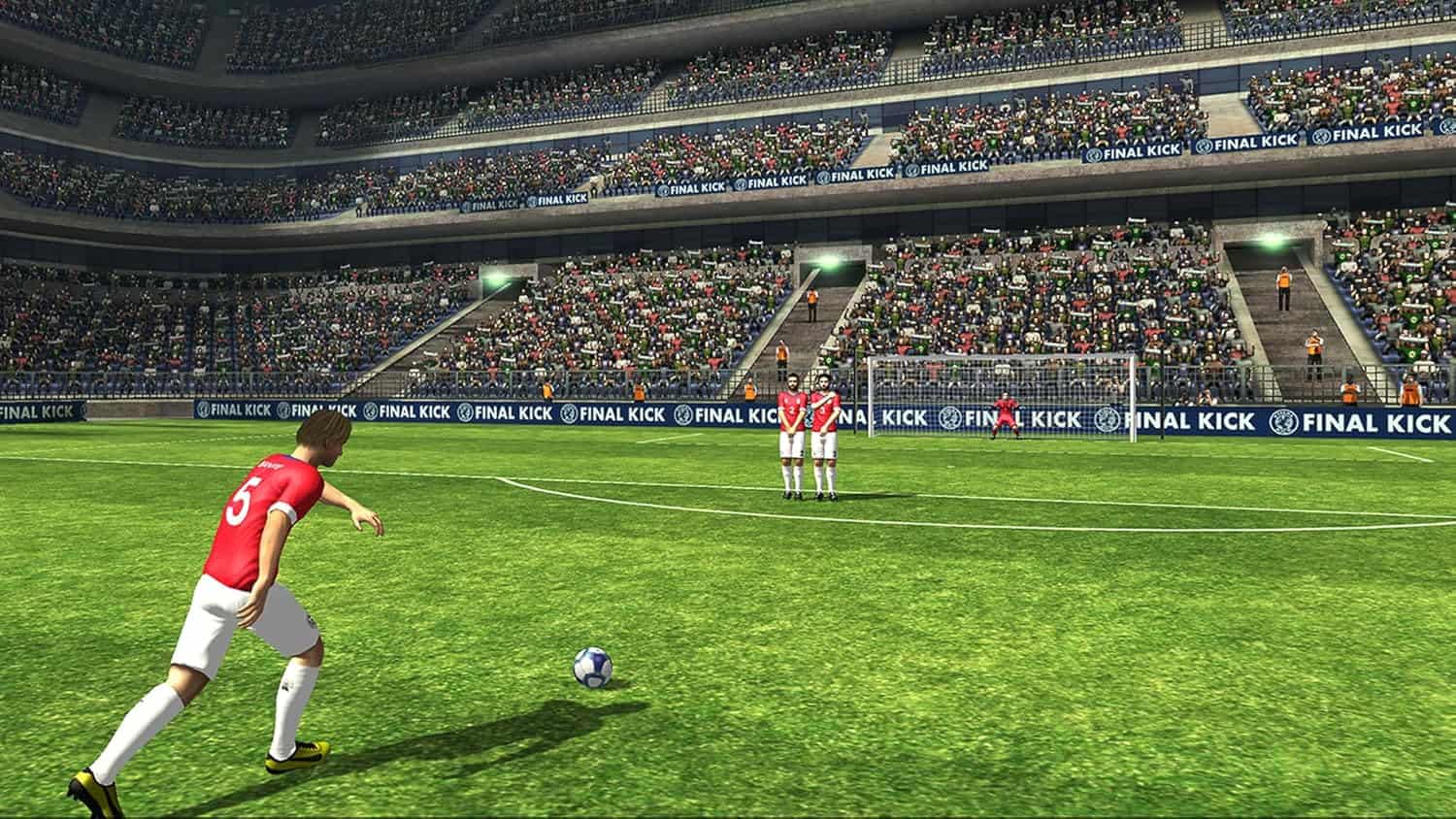 Intense soccer game with players in red jerseys on a vibrant green field, surrounded by cheering fans in a large stadium. Exciting soccer match at a packed stadium with players in red jerseys competing.