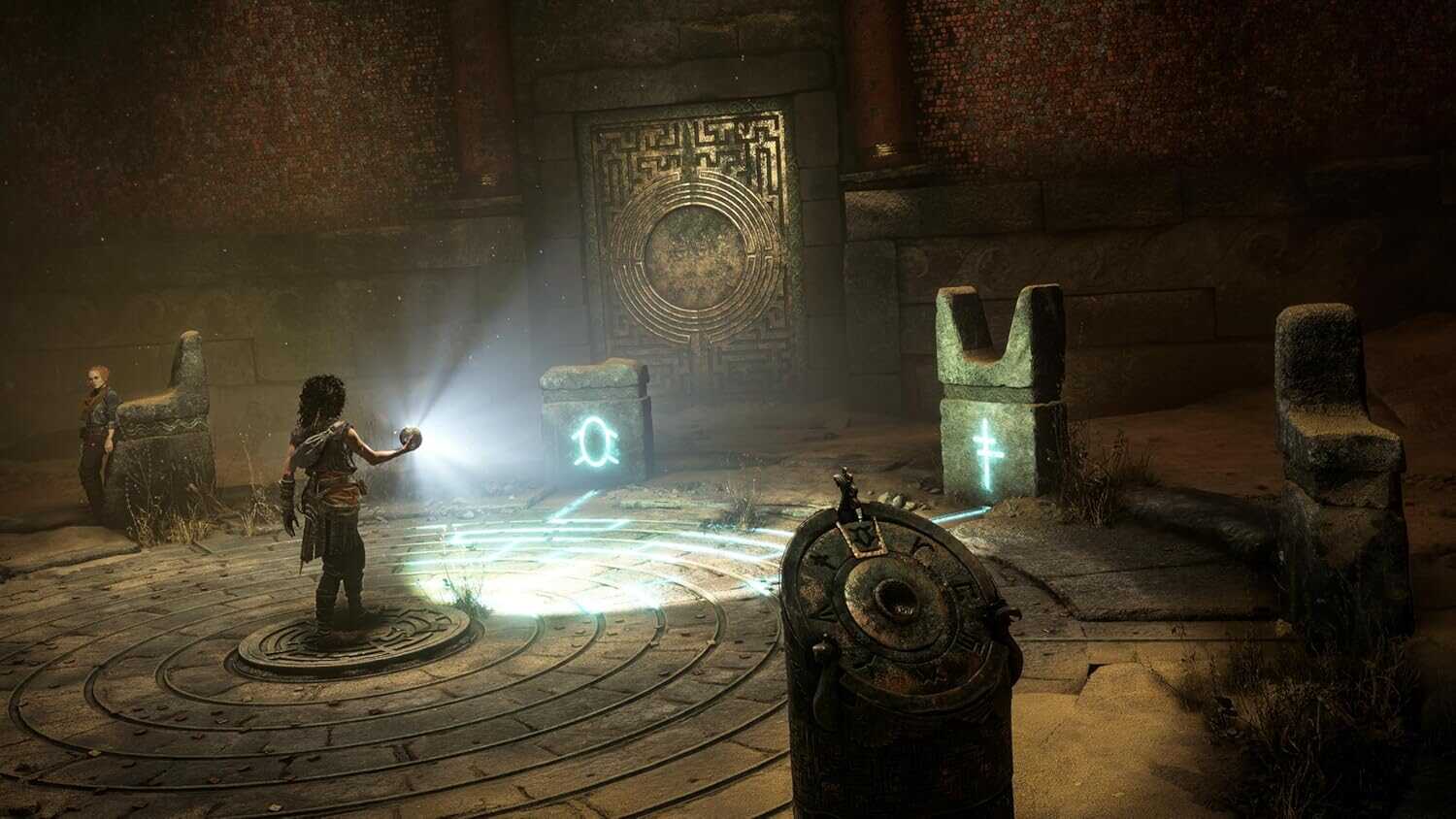 In-game scene from Resonance: A Plague Tale Legacy with characters and mystical symbols.