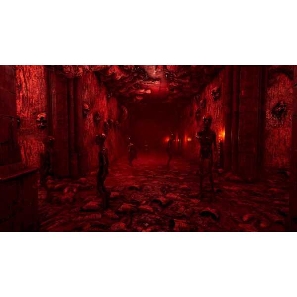 Dark, eerie corridor with skeletal figures in a horror-themed setting.