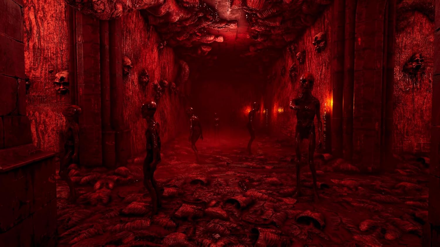 Dark, eerie corridor with skeletal figures in a horror-themed setting.
