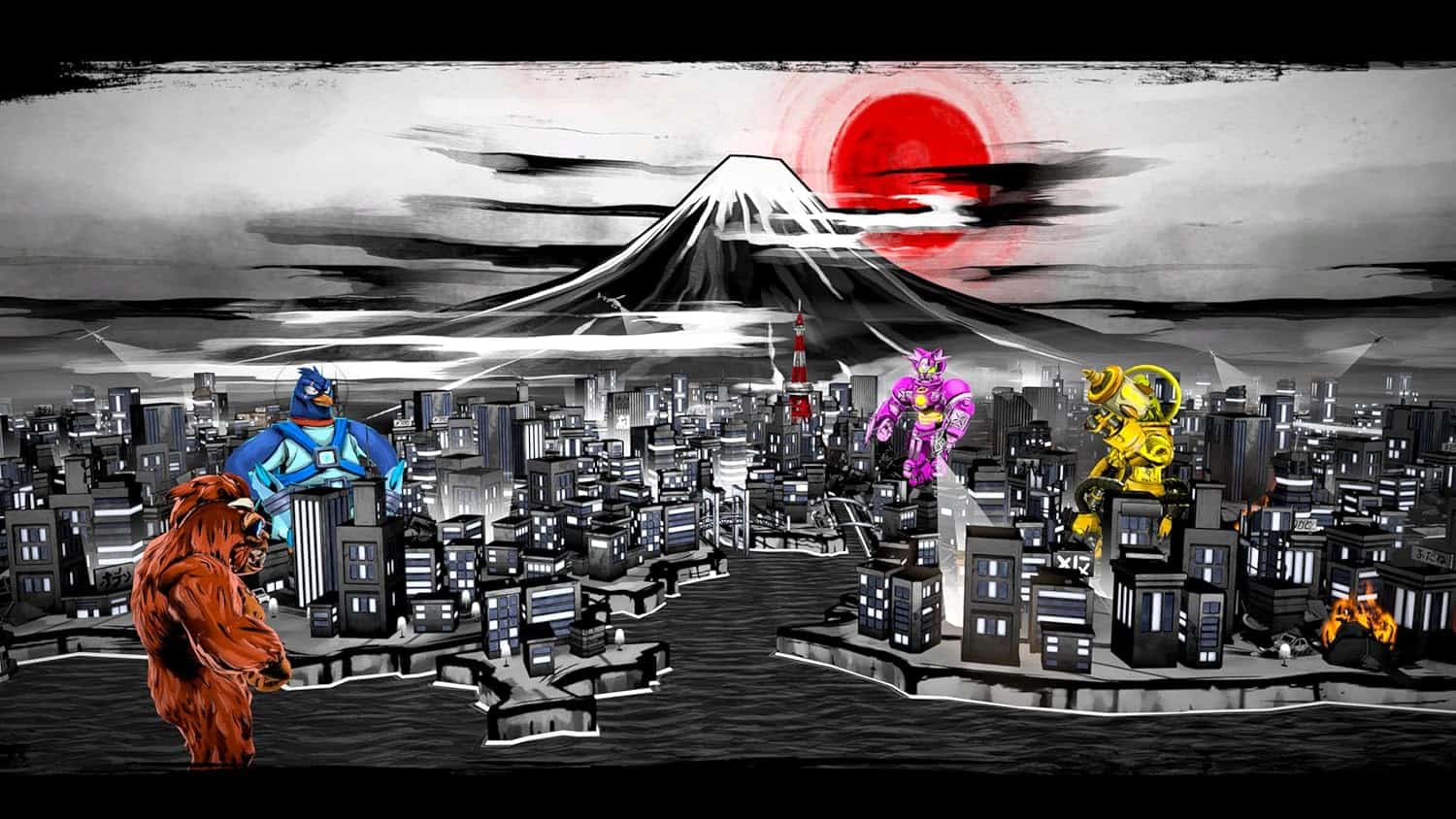 King of Tokyo Limited Edition game with giant monsters in a cityscape at sunset.