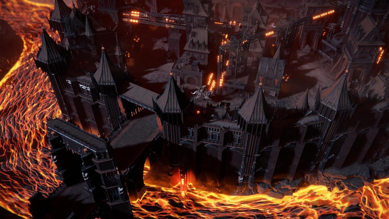 Epic dark castle surrounded by lava in Disciples: Domination game.