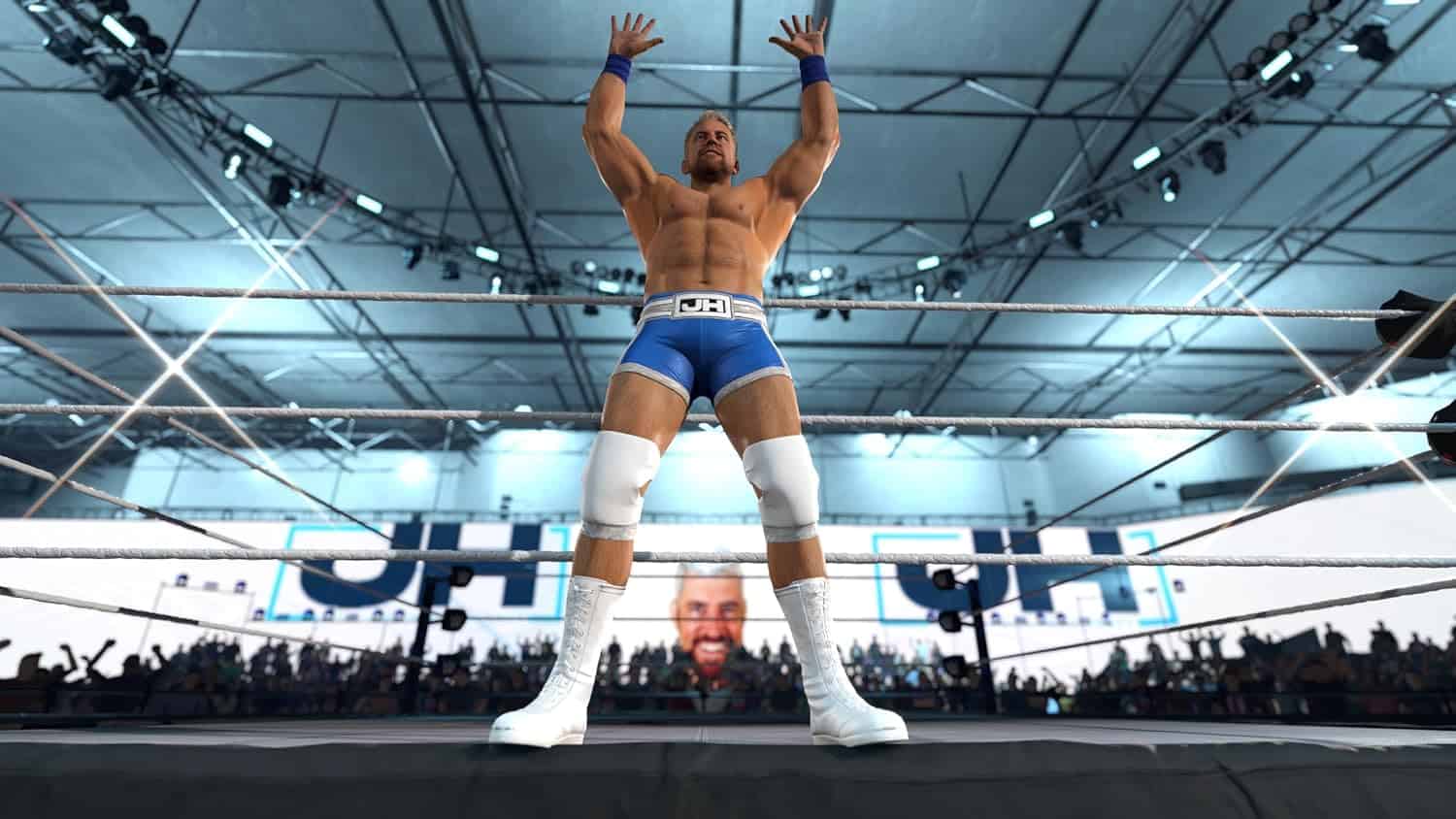Virtual WWE 2K26 wrestling match with a wrestler in the ring.