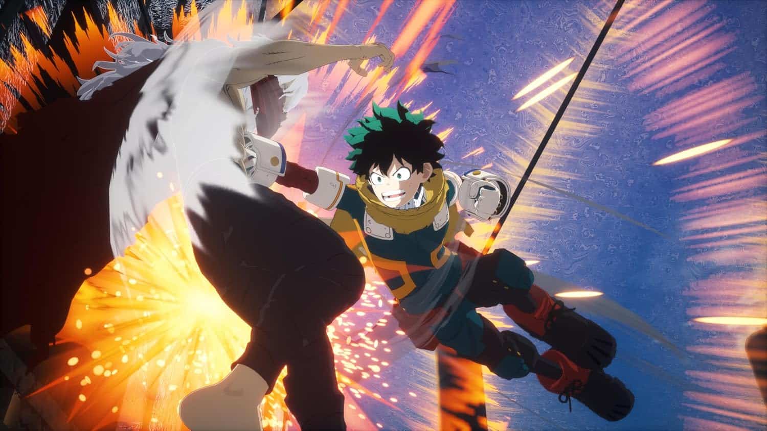 Dynamic scene from MY HERO ACADEMIA: Alls Justice showing heroes in battle.
