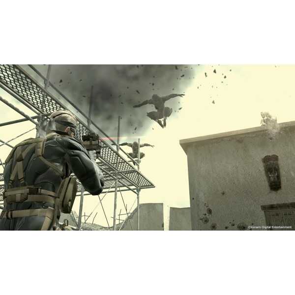 Intense action scene from a shooter game with a soldier aiming and a falling enemy.