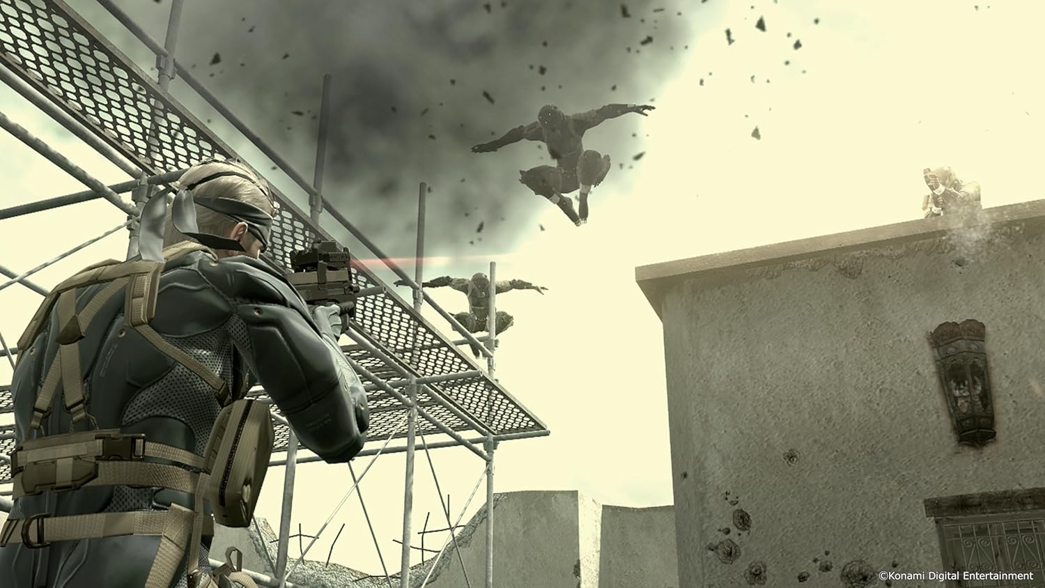 Intense action scene from a shooter game with a soldier aiming and a falling enemy.