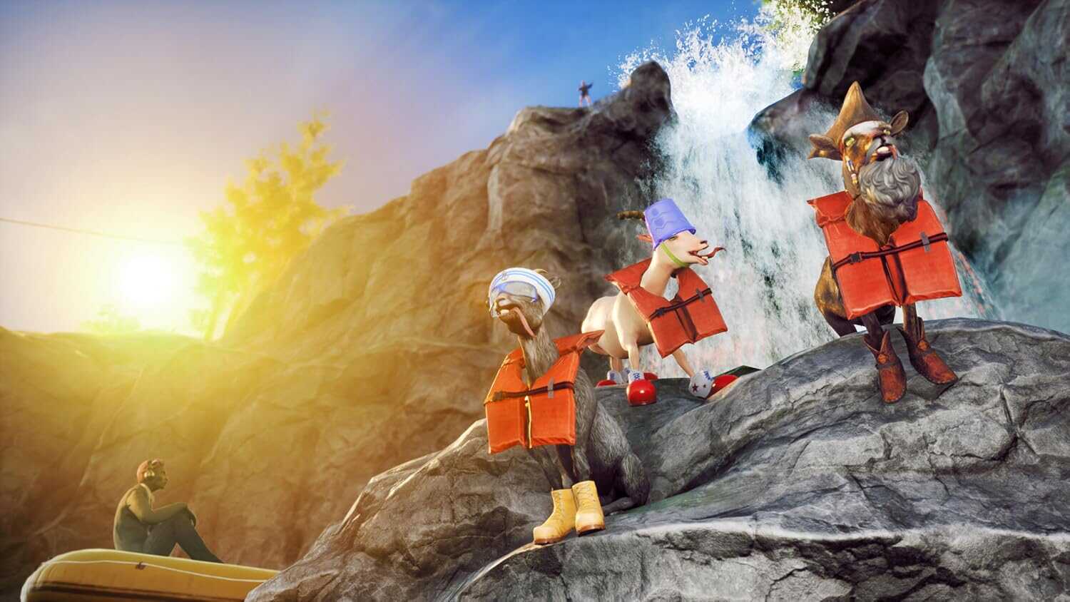 Three goats in life jackets climbing rocks near a waterfall at sunset.