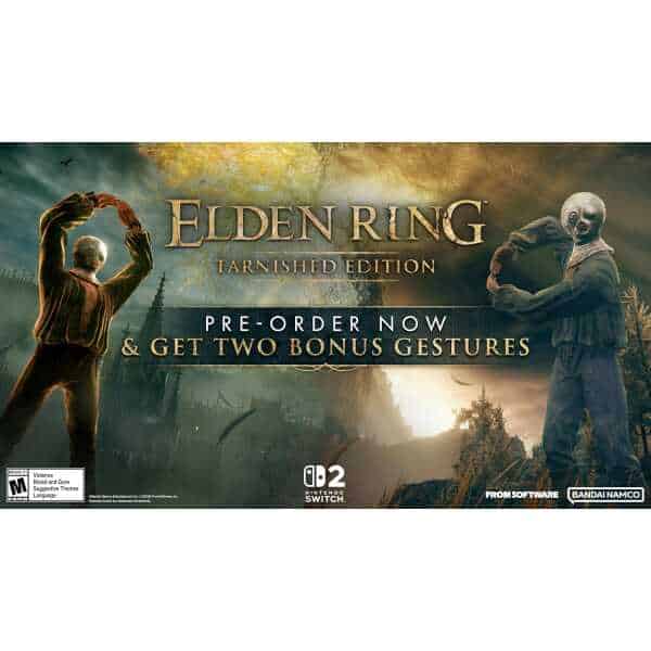 Elden Ring Tarnished Edition promotional image with characters and landscape.