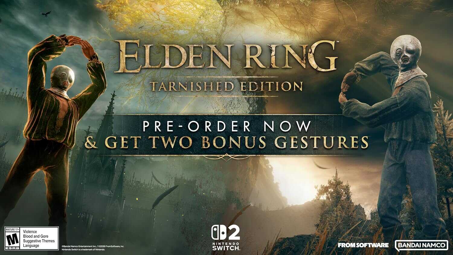 Elden Ring Tarnished Edition promotional image with characters and landscape.