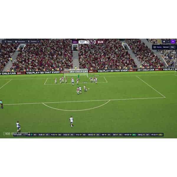 Football Manager 2026 gameplay scene showing a penalty kick in a stadium.