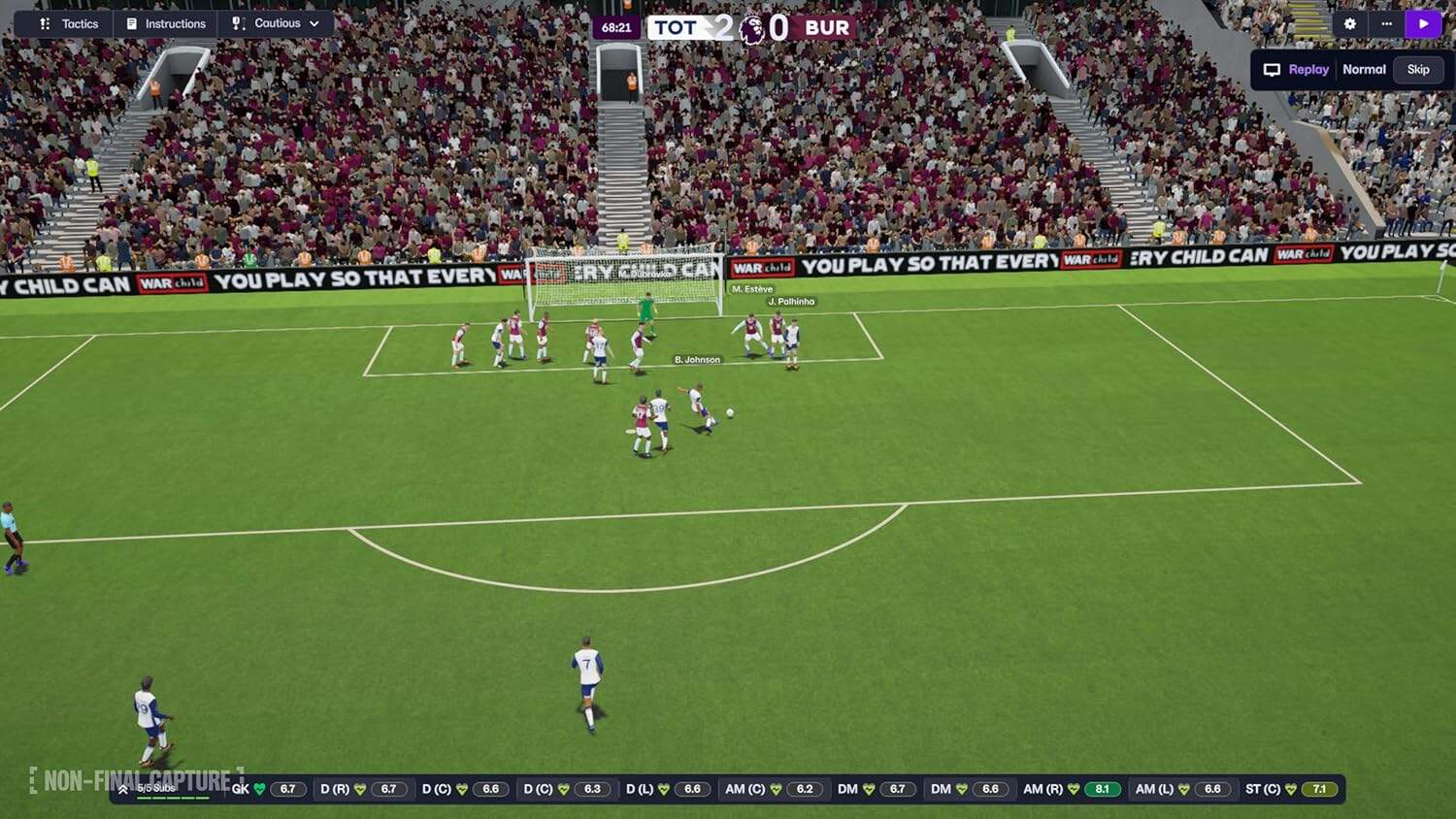 Football Manager 2026 gameplay scene showing a penalty kick in a stadium.