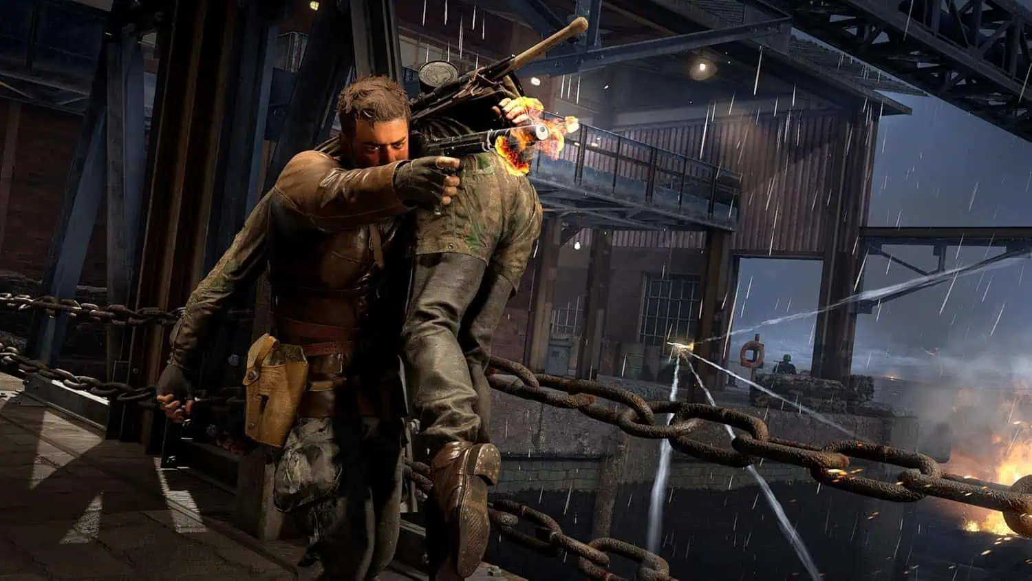 Action-packed gaming scene with a soldier firing a weapon in a rainy industrial setting.