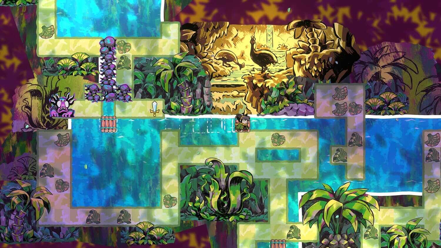 Colorful jungle-themed puzzle game scene with water features and wildlife.