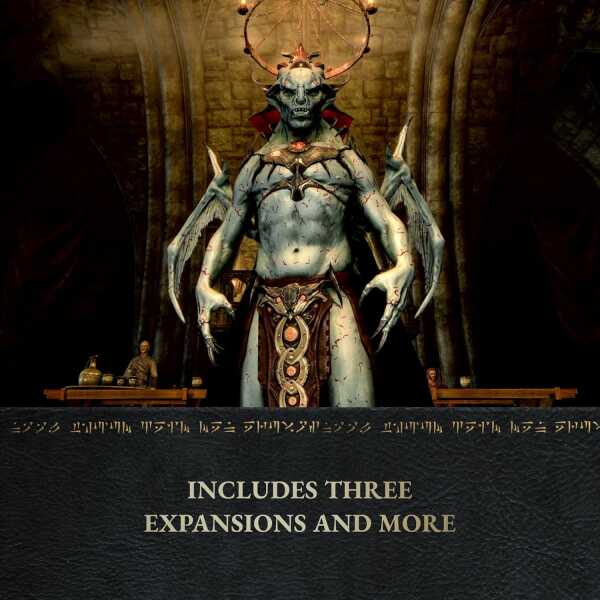 Skyrim Anniversary Edition featuring a dragon priest statue in a dark, medieval setting.