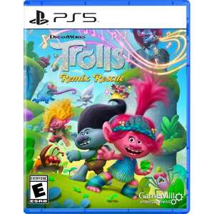 Trolls Remix Rescue game cover for PS5, featuring colorful characters and vibrant fantasy landscape.