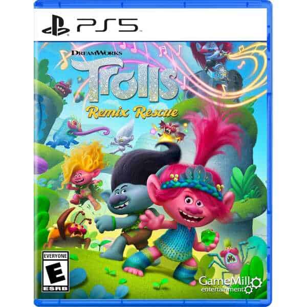 Trolls Remix Rescue game cover for PS5, featuring colorful characters and vibrant fantasy landscape.