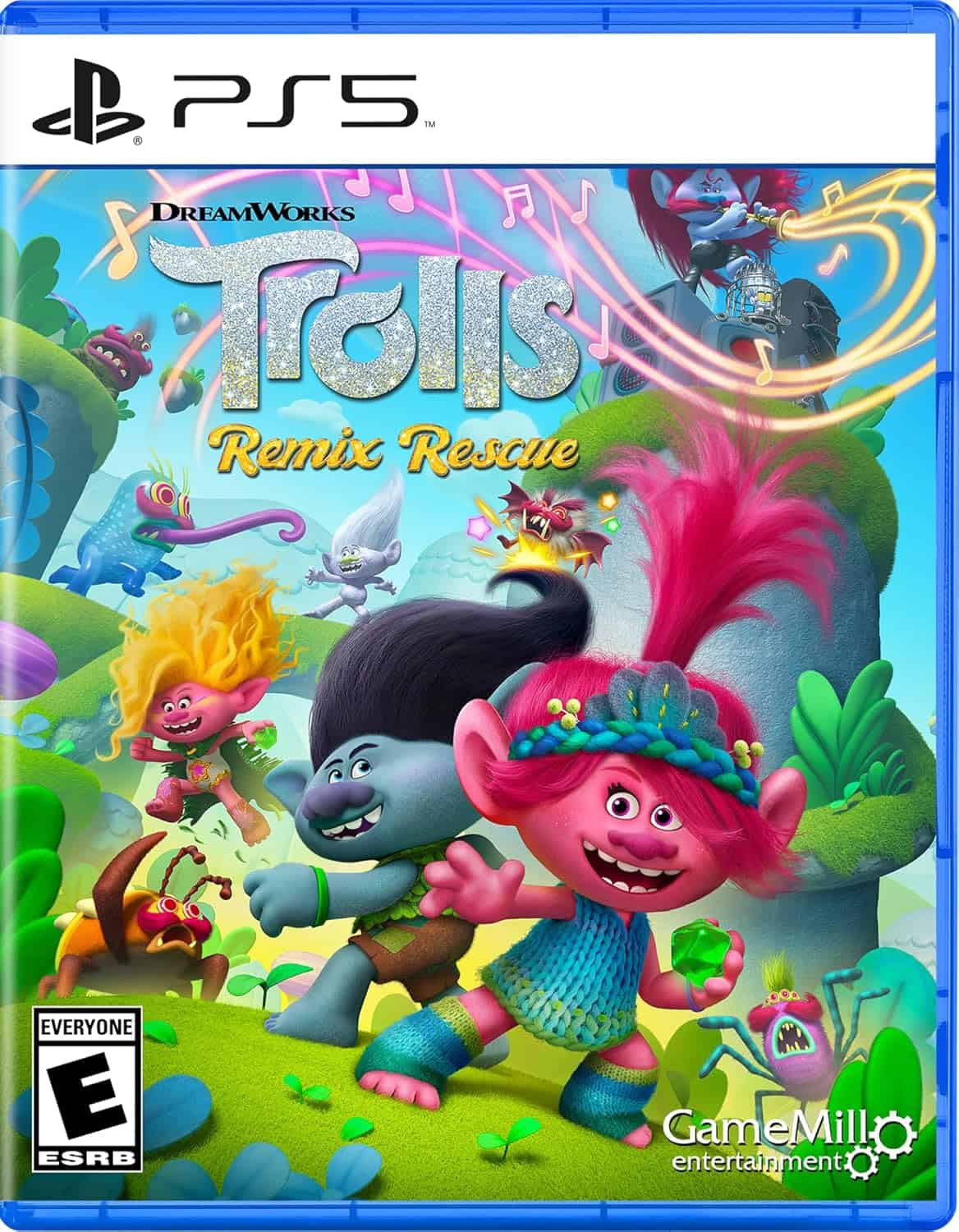 Trolls Remix Rescue game cover for PS5, featuring colorful characters and vibrant fantasy landscape.