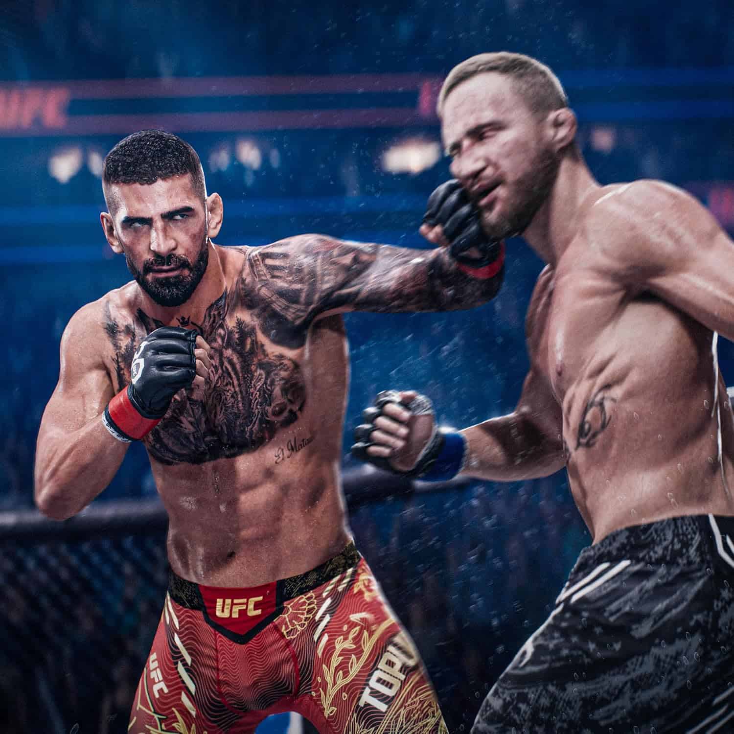 Two mixed martial artists engaged in a fierce UFC fight inside the octagon.