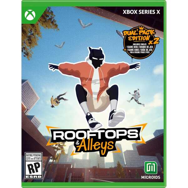 Rooftops & Alleys game cover featuring a character jumping between rooftops in an urban setting.