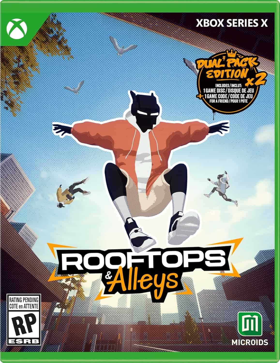 Rooftops & Alleys game cover featuring a character jumping between rooftops in an urban setting.