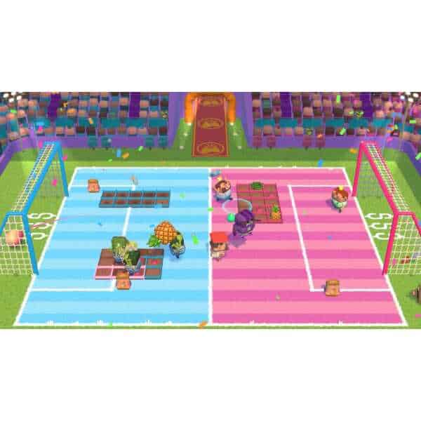 Colorful multiplayer tennis game with characters and obstacles on a vibrant court.