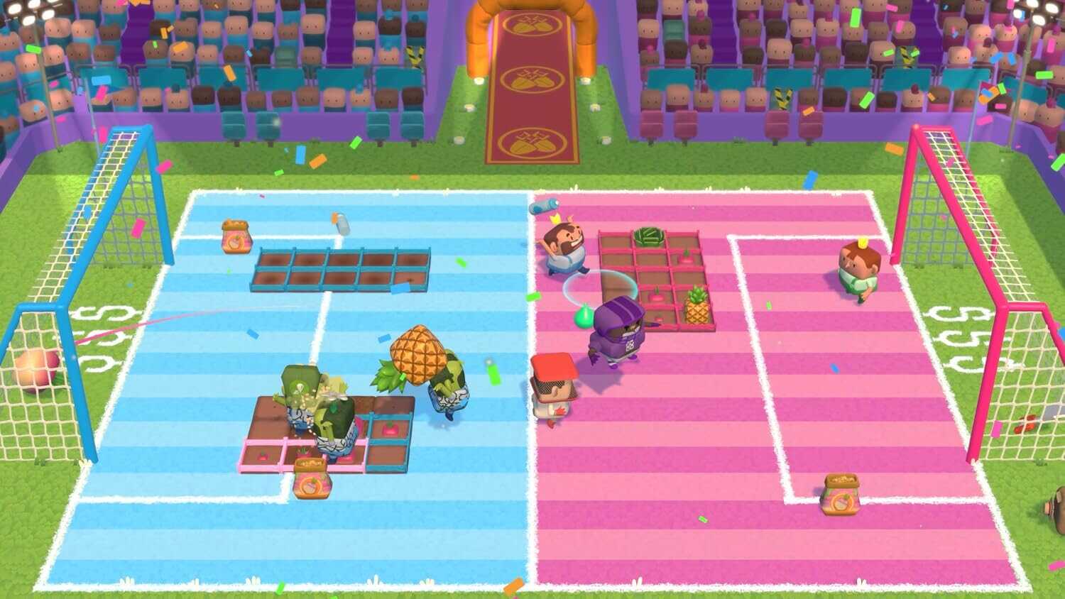 Colorful multiplayer tennis game with characters and obstacles on a vibrant court.