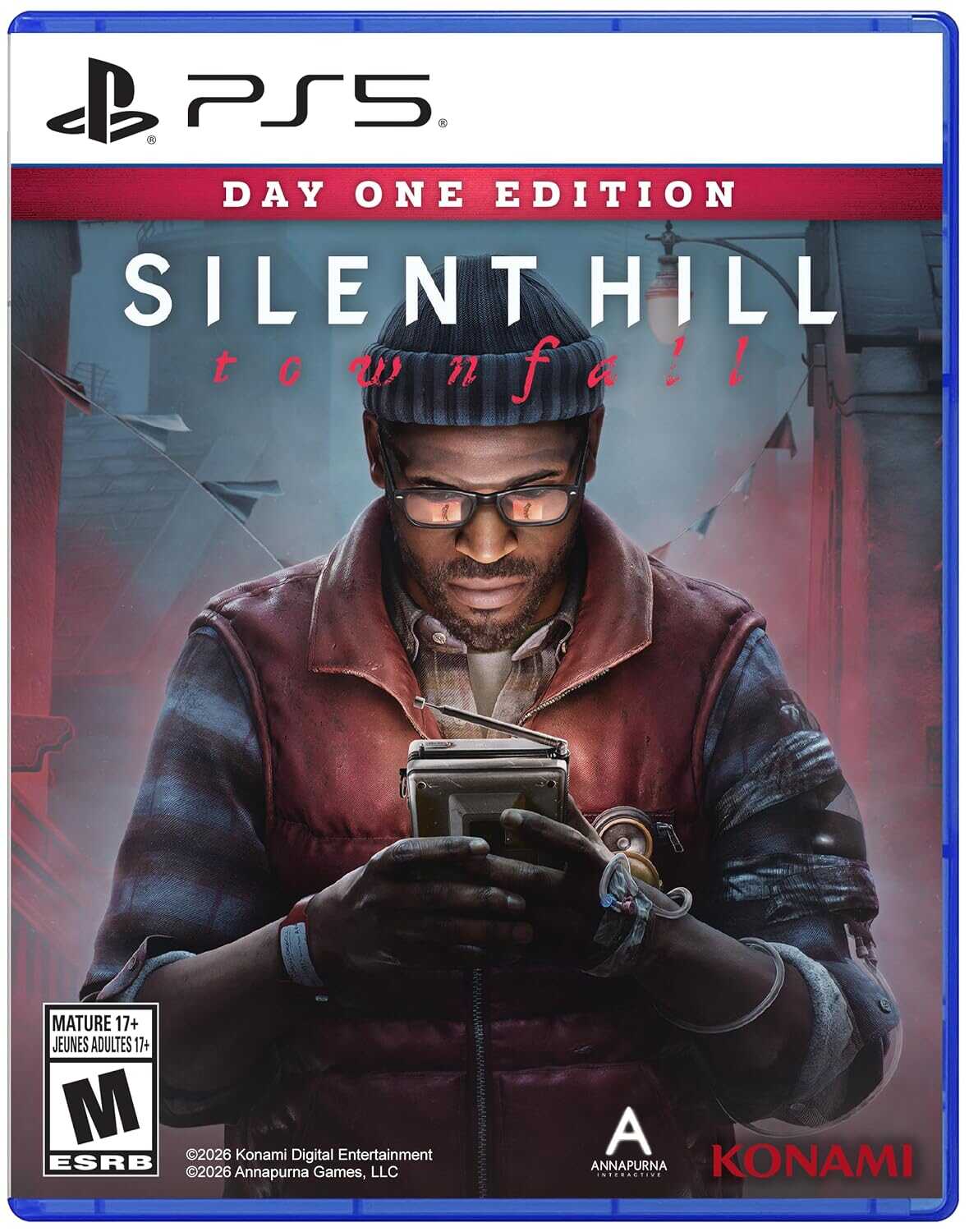 Silent Hill Townfall PS5 game cover with a man using a mobile device.