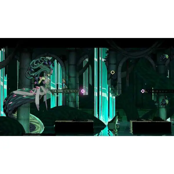 Dark fantasy game scene with a monster and hero in a gothic setting.