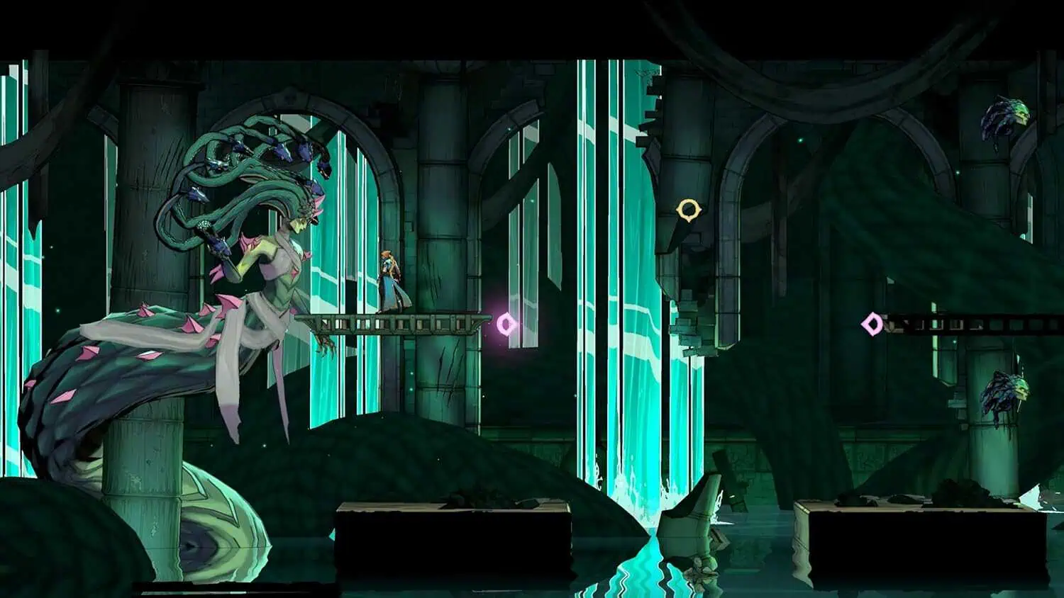 Dark fantasy game scene with a monster and hero in a gothic setting.