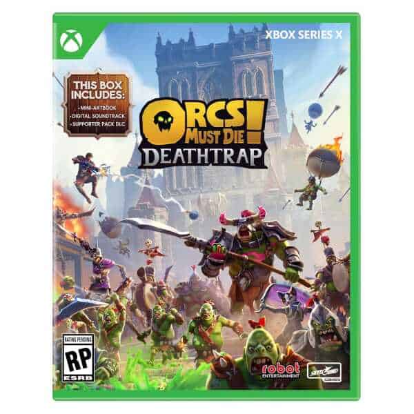Orcs Must Die! Deathtrap game cover for Xbox Series X with orcs and traps.