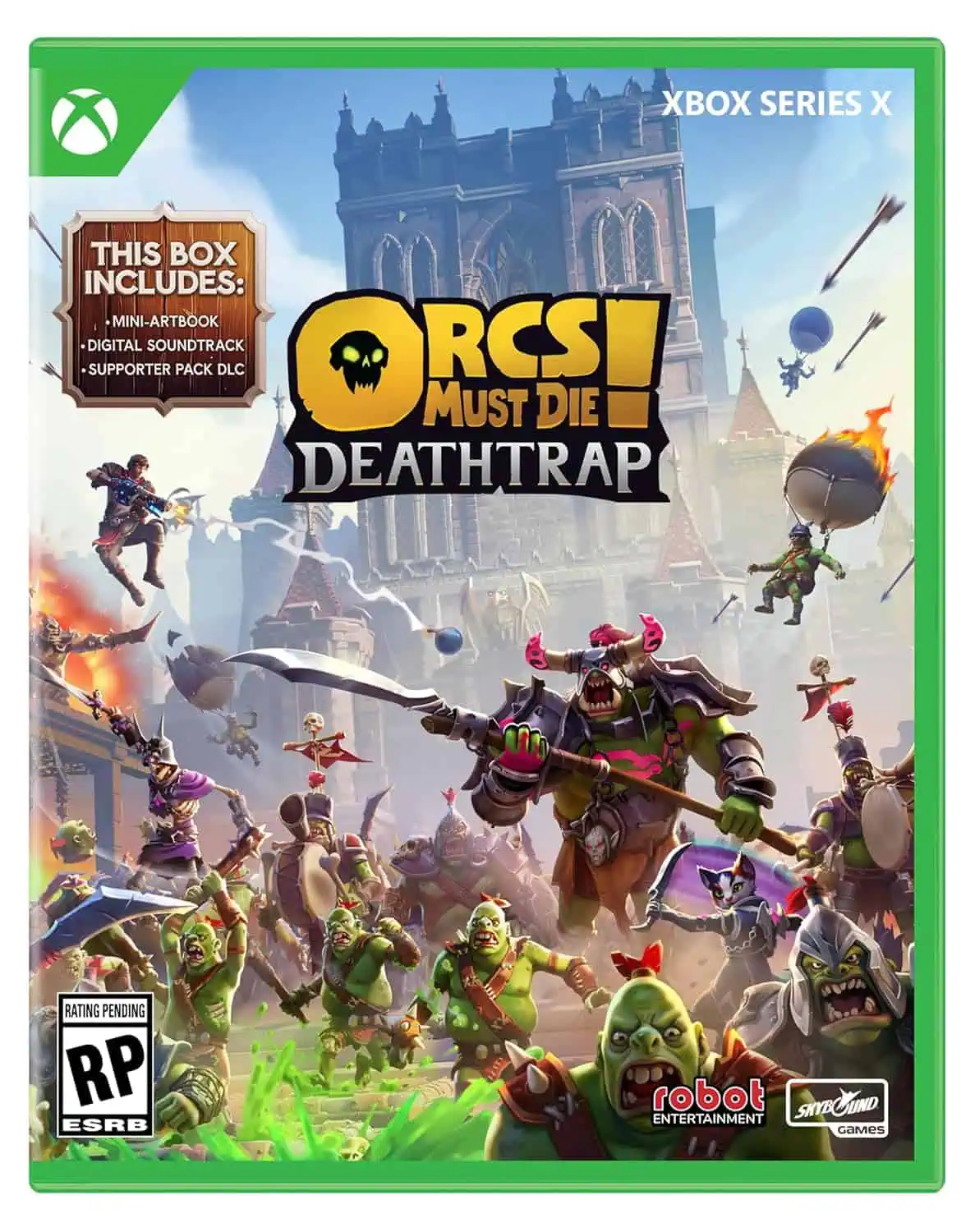 Orcs Must Die! Deathtrap game cover for Xbox Series X with orcs and traps.