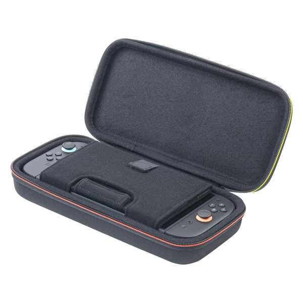 Portable gaming console case with controllers and accessories for Nintendo Switch or similar devices.