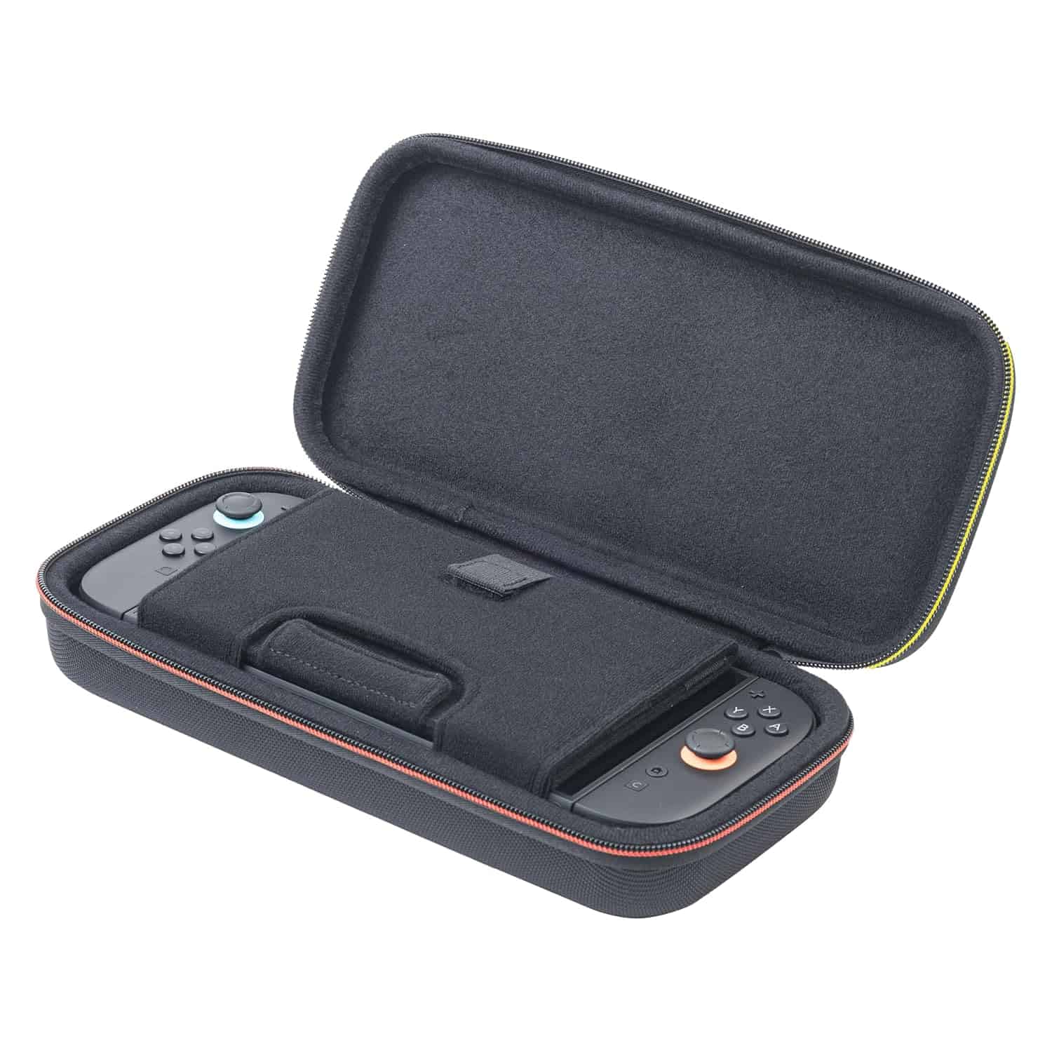 Portable gaming console case with controllers and accessories for Nintendo Switch or similar devices.