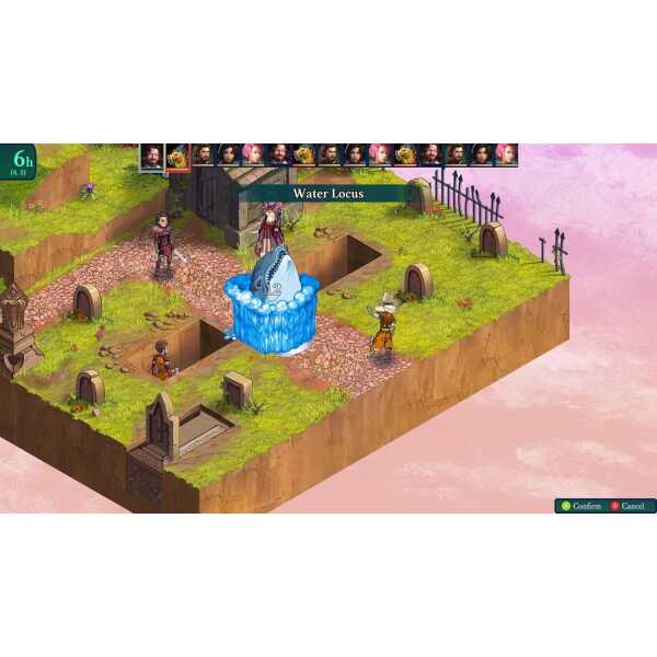 Fantasy game scene with Water Locus and characters on a vibrant, pixel art landscape.