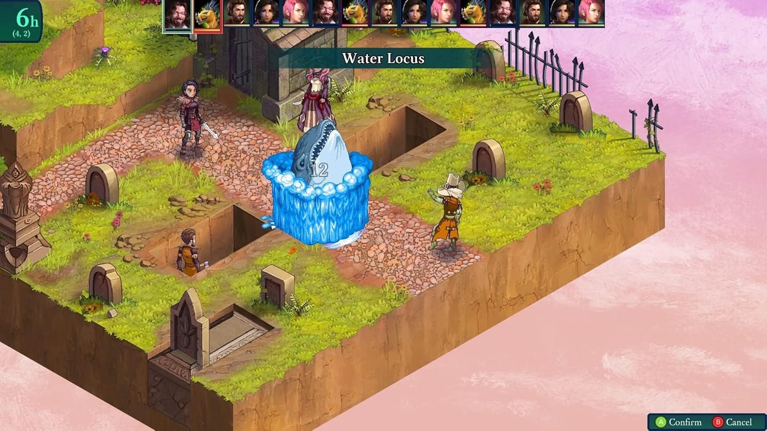 Fantasy game scene with Water Locus and characters on a vibrant, pixel art landscape.