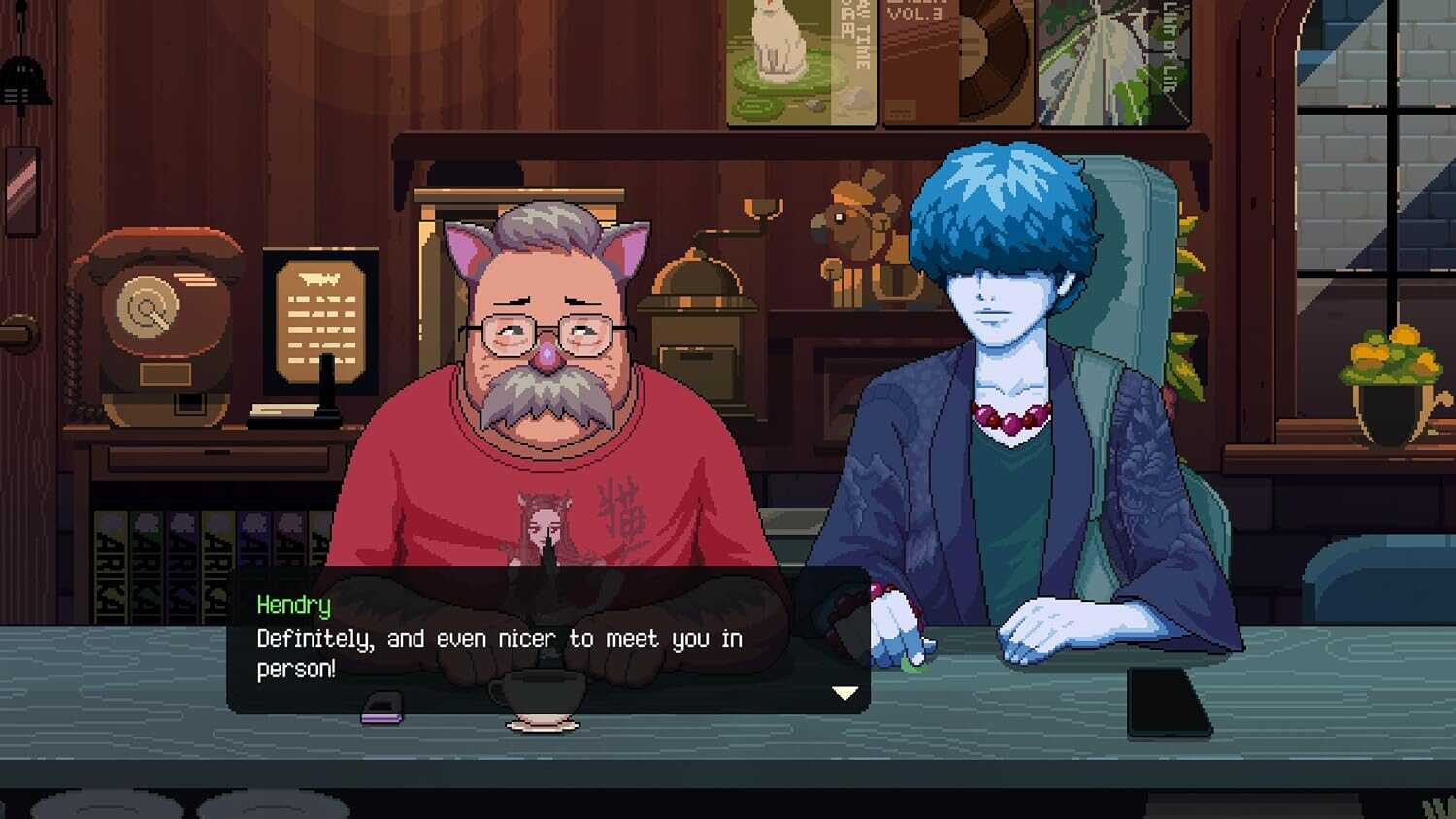 Two characters in a cozy coffee shop setting from Coffee Talk Tokyo game.
