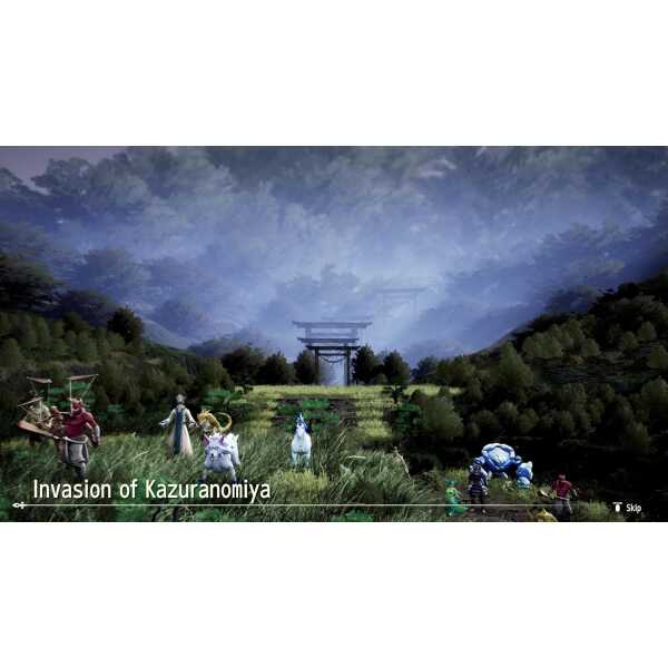 Fantasy scene of warriors and a unicorn in lush green landscape with a torii gate in the background.