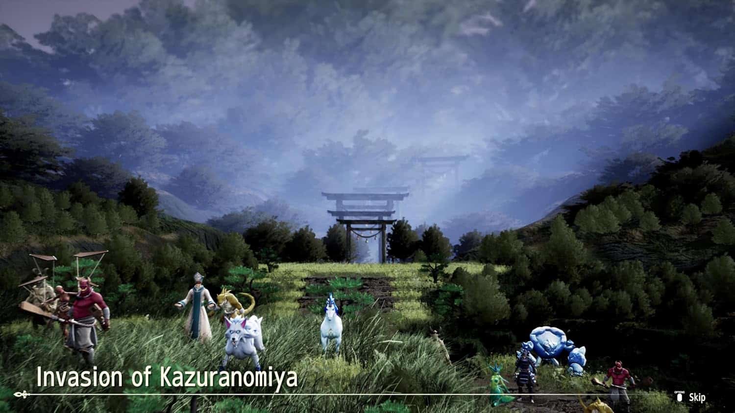 Fantasy scene of warriors and a unicorn in lush green landscape with a torii gate in the background.