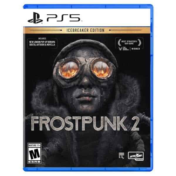 Frostpunk 2 Icebreaker Edition for PS5, featuring a dark, dystopian theme with a person wearing gogg.