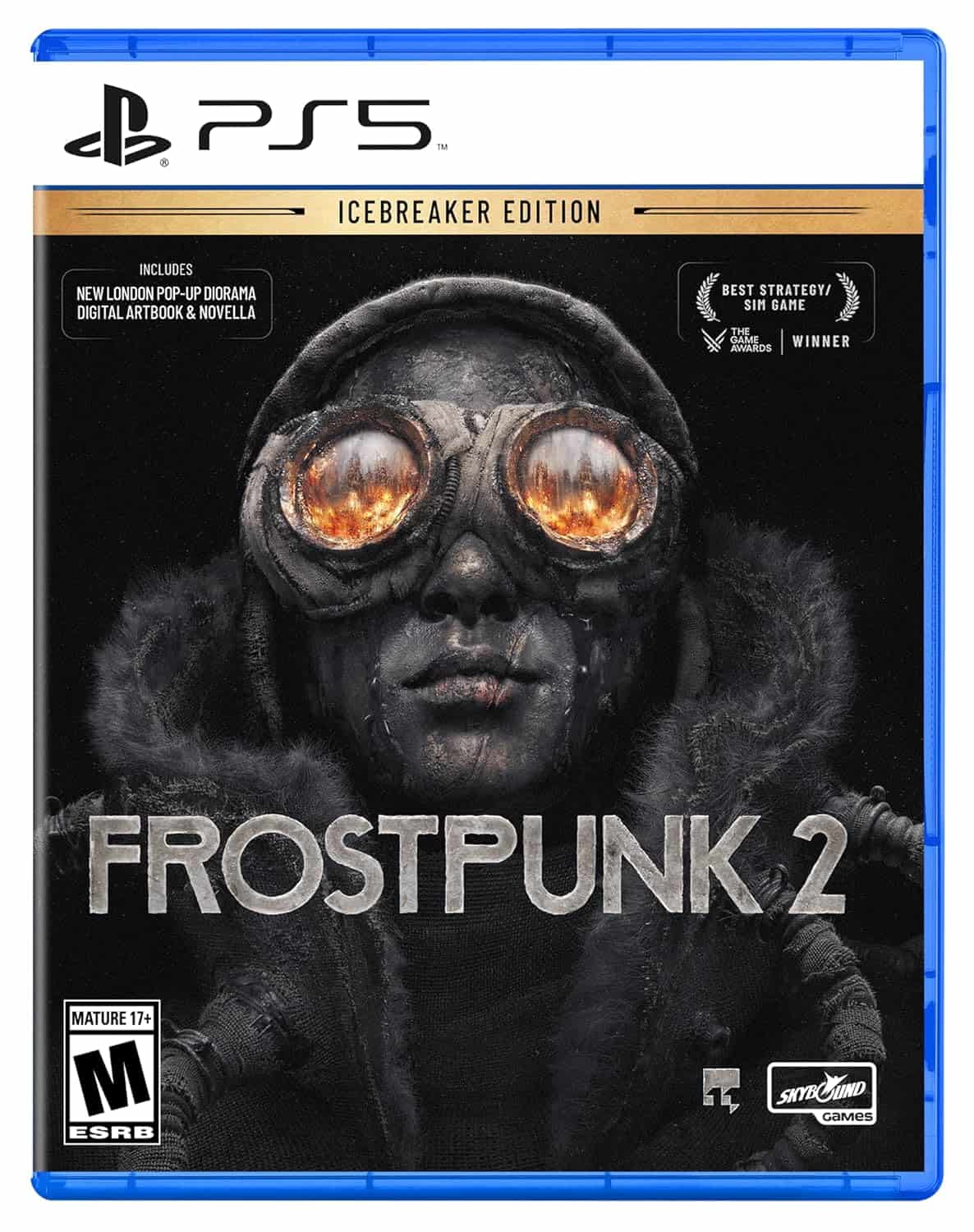 Frostpunk 2 Icebreaker Edition for PS5, featuring a dark, dystopian theme with a person wearing gogg.