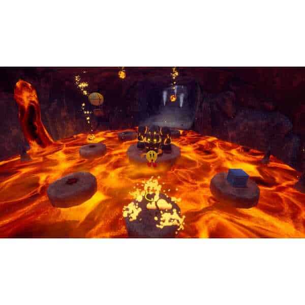 PAC-MAN WORLD 2 Re-PAC lava level with lava flows and floating platforms.