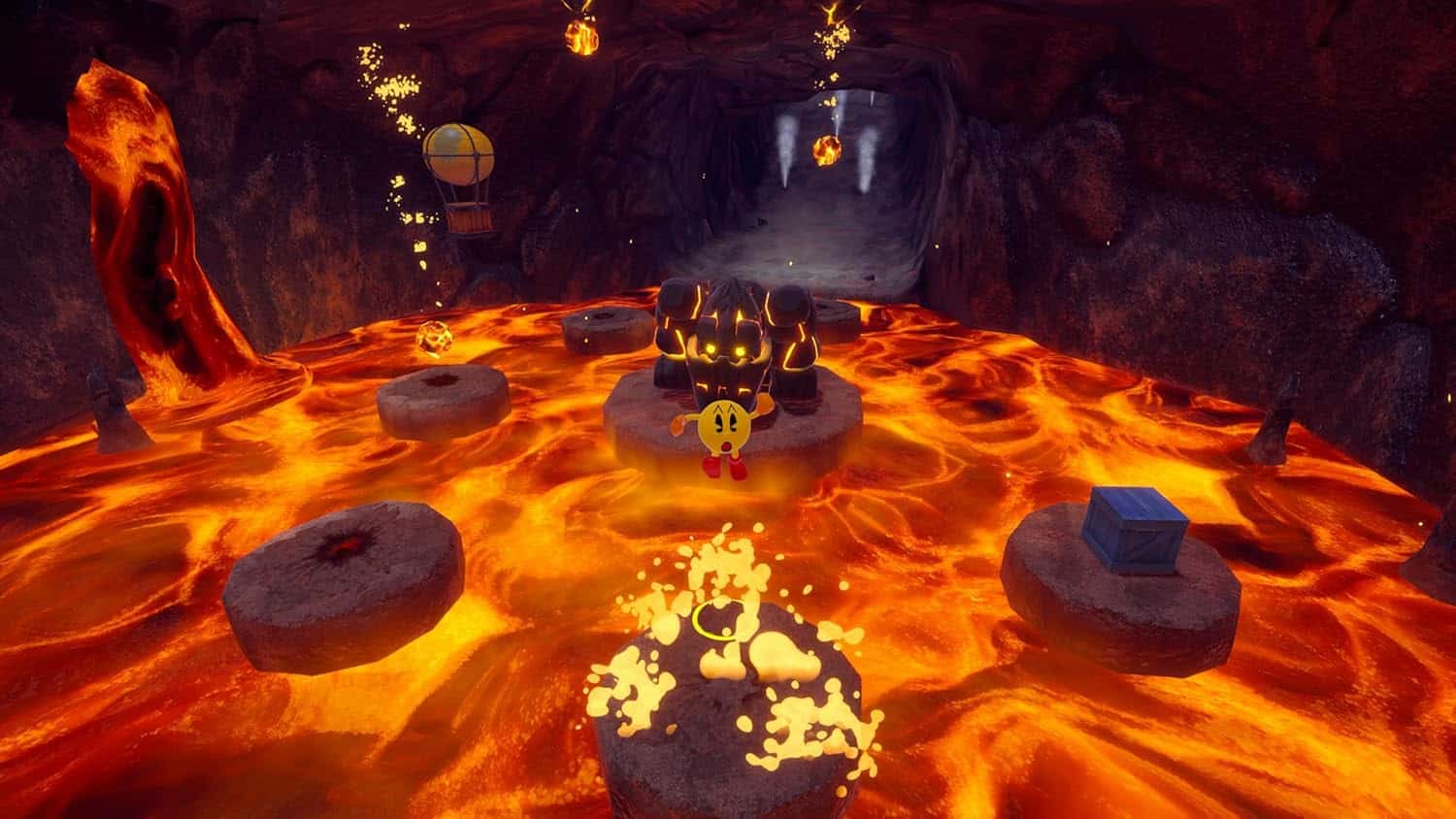 PAC-MAN WORLD 2 Re-PAC lava level with lava flows and floating platforms.