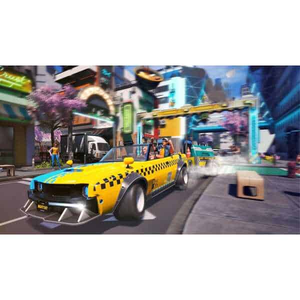 Bright yellow taxi in a vibrant city street scene from Taxi Chaos 2.