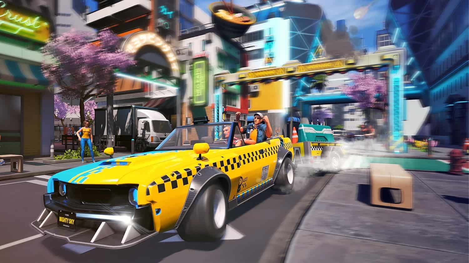 Bright yellow taxi in a vibrant city street scene from Taxi Chaos 2.