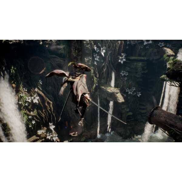Fantasy forest scene with waterfalls, trees, and flying creatures at Gameware.