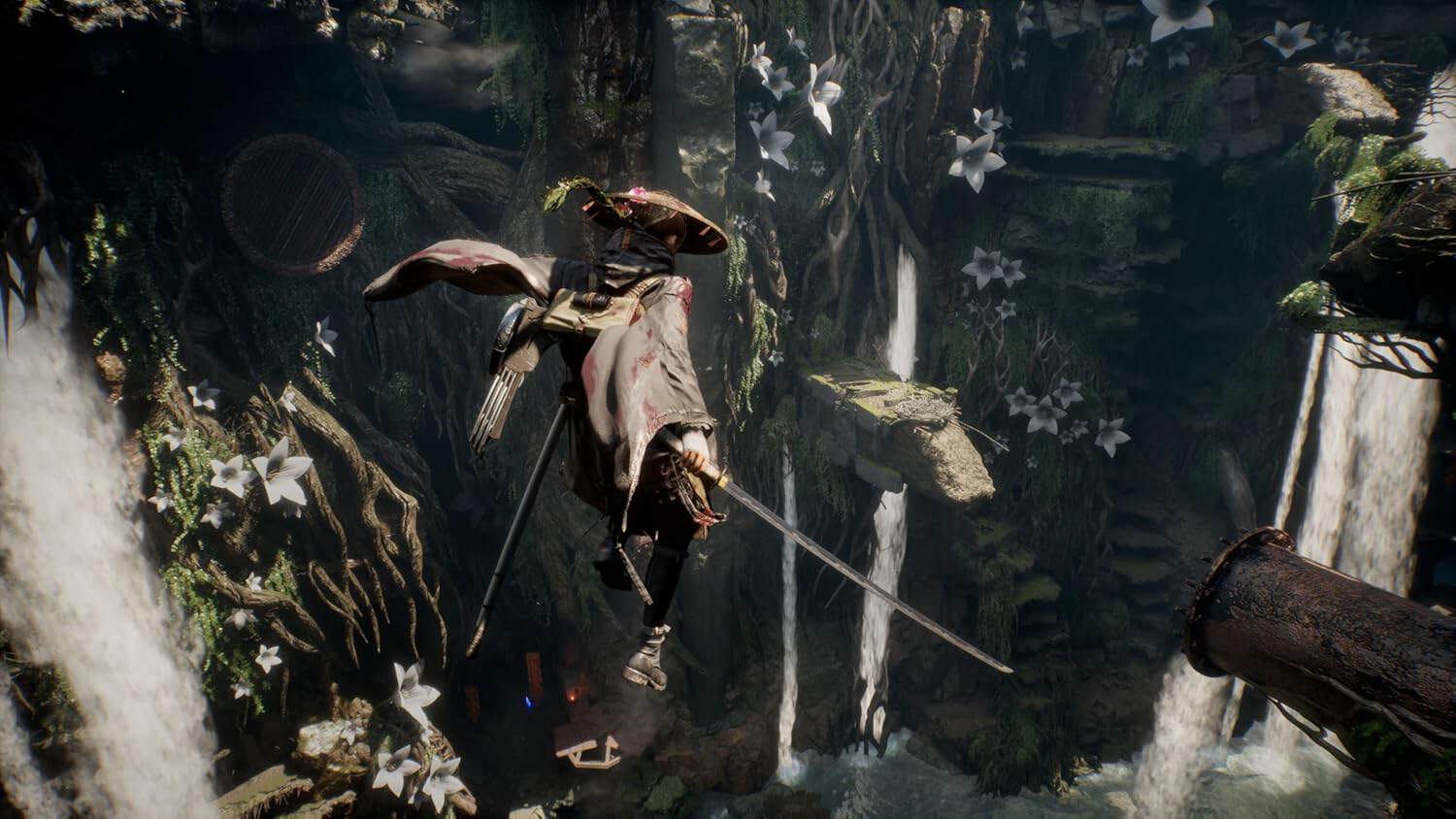 Fantasy forest scene with waterfalls, trees, and flying creatures at Gameware.