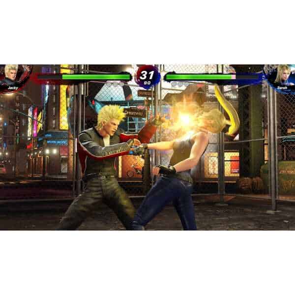 Fighting game screenshot featuring Jacky and Sarah in a street fight scene.