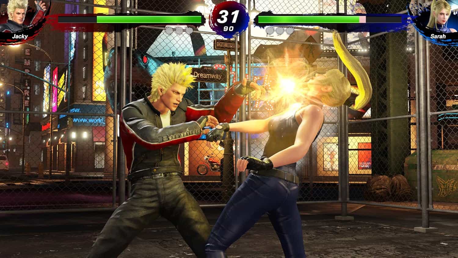 Fighting game screenshot featuring Jacky and Sarah in a street fight scene.