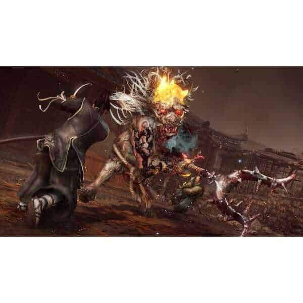 Intense Nioh 3 battle scene with warriors and monstrous enemies.